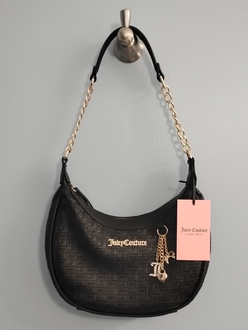 NWT Juicy Couture Black Quilted Shoulder Bag with Gold Chain Charm